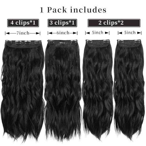 Black 20 Inch Thick Hairpieces Long Wavy Natural Synthetic Clip in Hair Extensions, for Women (4pcs, 20Inch, 1B#) - color: 1B-Black