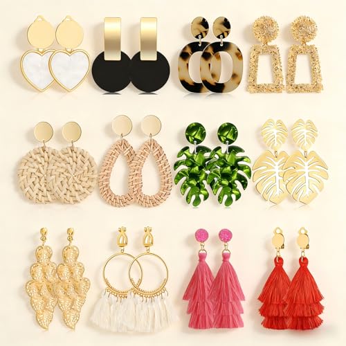 12 Pairs Boho Statement Earrings Set for Women: Rattan Tassel Acrylic Earrings