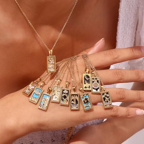 Gold Tarot Card Necklace for Women Men, Non Tarnish 18K Gold Plated Vintage Lucky Charm Square Pendant Talisman Amulet Necklaces Unisex Jewelry - style: The Lovers
