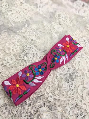 FANFAN Fuchsia Mexican Floral Embroidered Headband - Twist Knotted Criss Cross Elastic Stretchable Hair Band for Wedding, Festival & Daily Use Christmas Gift E9 (Fuchsia, Free Size) - color: Fuchsia