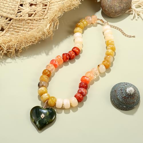 Elegance 11 designs Chunky Heart Necklace for Women, Colorful Acrylic Beaded Statement Puff Heart Necklace, Cute Boho Y2K Choker Necklace for Gift Jewelry - color: Green Heart Pendant Necklace