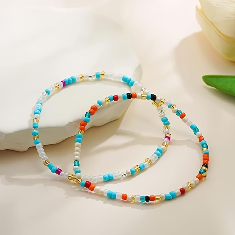 Boho Beads Anklets Set of 2pcs, Waterproof Beach Adjustable Stretch Imitation Turquoise White Pearls Bracelets for Women, Handmade Jewelry Gifts - style: 4pcs