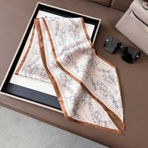 Hair Scarf for Women - 53"x5.3" Purse Scarf, Extra Long Satin Wrap, Versatile Belt & Boho Neck Accessory - color: Khaki Floral