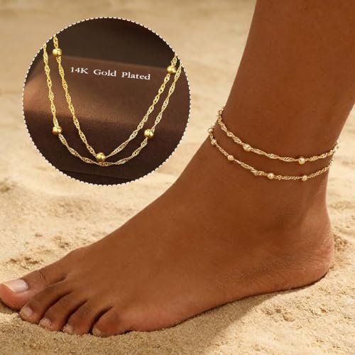 Yalice 925 Silver Ankle Bracelets Chain for Women Dainty 14K Gold Plated Waterproof Beads Anklets Layered Beach Foot Jewelry Gift - color: Gold-Satellite Chain