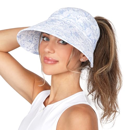 Ponyflo Sunblocker Wide Brim Hat, Patented Women’s Ponytail Sun Hat for Adults, UPF 50 Sun Protection - color: Blue