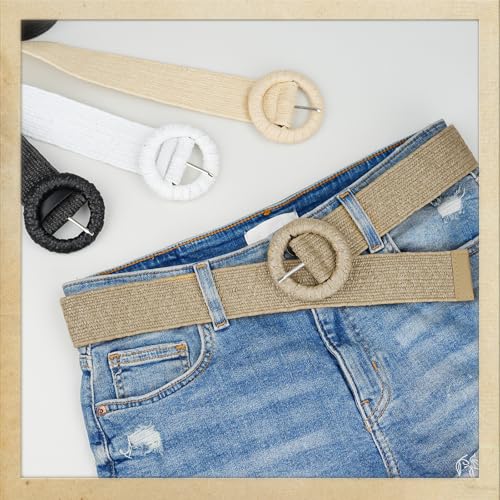 Straw Woven Elastic Belt for Women, Boho Braided Raffia Waist Belt, Stretch Rattan Belt for Summer Dresses - color: Round Buckle-khaki-with Earrings, size: S: Fit waist size up to 29"