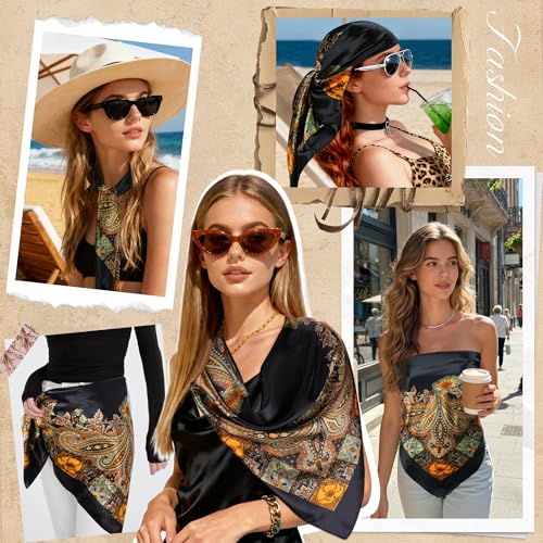 Large Square Head Scarf Bandana - 35" Satin Hair Scarf for Women Like Silk Scarf Fashion Hair Wrapping - color: Paisley(black), size: 35IN*35IN