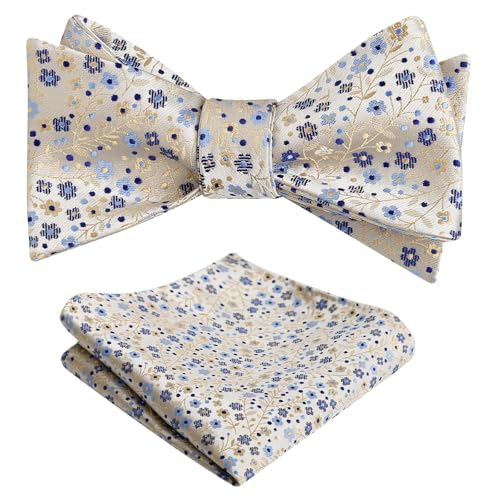 Alizeal Mens 2pcs Classic Floral Pattern Self-tied Bow Tie and Handkerchief Set - color: 045-champagne+navy Blue