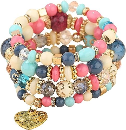 Women Beaded Bracelet Set | Colorful Boho Stackable Trendy Design with Crystal Accents Multilayer Bangle Bracelet | Fashion Stretch Braclets Jewelry for Women - color: Mixed-Pink