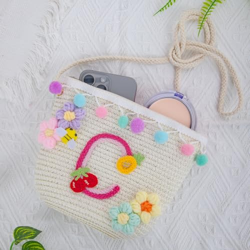 Letter Small Woven Straw Summer Beach Tote Bag for Women 2025,Woven Straw Beach Purse Shoulder Crossbody Bag for Women 2025 - color: White C