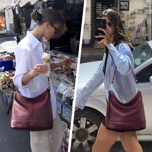 Genuine Leather Hobo Crossbody Bag for Women, Soft Real Leather Bucket, Shoulder Handbag Purse with 2 Removable Strap - color: Burgundy