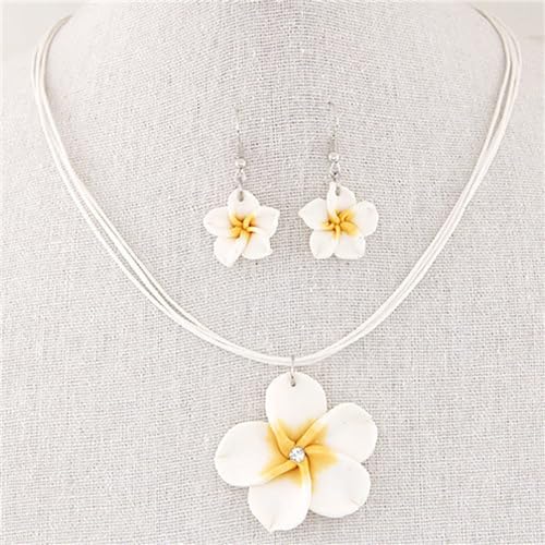 Dreuyet Colorful Plumeria Rubra Necklace Earrings Set for Women Elegant Hawaiian Style Flower Necklaces Bohemia Tropical Flower Dangle Earrings Luau Beach Party Accessories - color: white