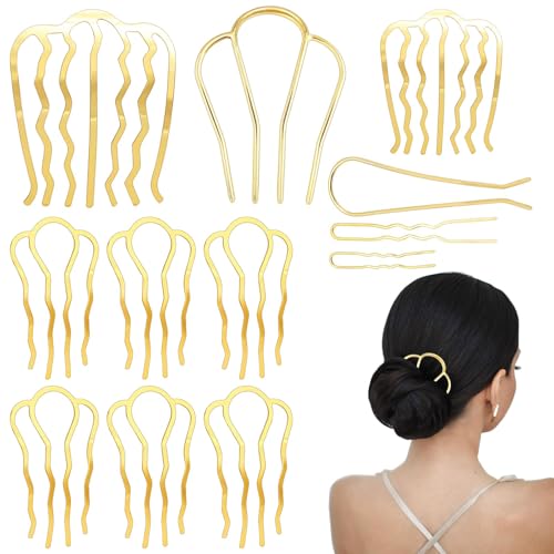 12 Pieces Hair Side Combs Metal Hair Fork Clip French Twist Comb Updo Hair Stick, U-Shape Teeth Styling Tools Messy Bun Maker Vintage Hairstyle Hair Pins Hair Accessories for Women and Girls - color: Gold