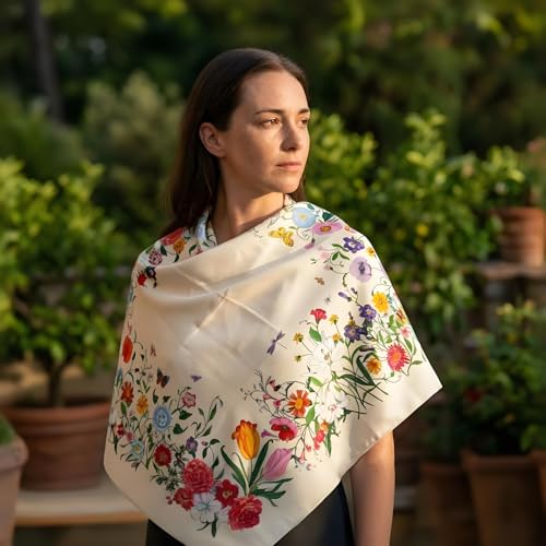 Premium Floral Scarf for Women 35x35 Square Silk Feel-Lightweight Scarves Headscarf Bandanas Wrapping Handbag - color: Tropical Floral Apricot