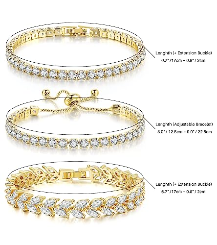 GEMOSA 3 Pcs Tennis Bracelet Set 14K Gold Plated Marquise Cubic Zirconia CZ Diamond Dainty Adjustable Silver Bracelets for Women Brides Stackable Fashion Jewelry Wedding Prom Gift - color: Gold-White CZ