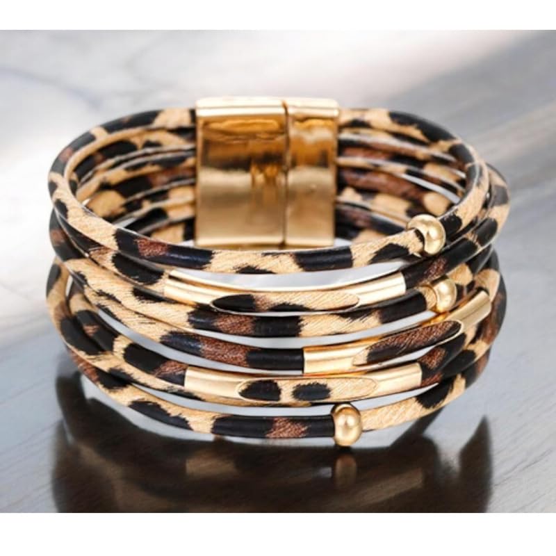 Caiyao Simple Beaded Leather Wrap Bracelets for Women Leopard Print Trendy Layered Stackable Buckle Bohemian Wrist Cuff Bangle Jewelry - color: Brown