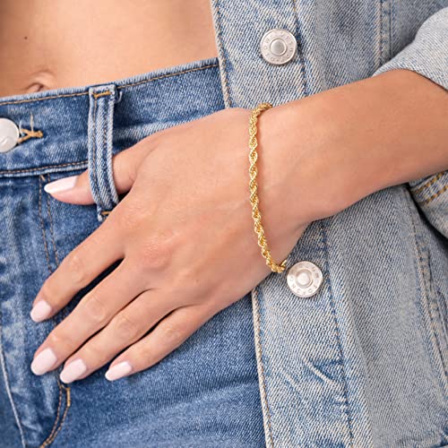 Barzel 18K Gold Plated Rope Chain Bracelet - Made In Brazil - color: 4MM, size: 7.5 Inches