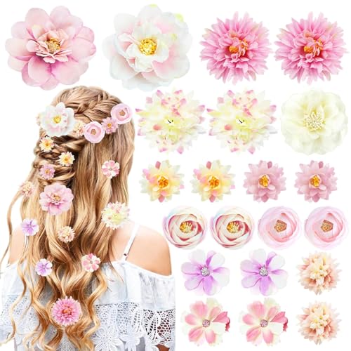 21 PCS Flowers Hair Accessories Women Boho Hair Barrettes Clips Girls Pink Purple Floral Rose Bride Headpiece Wedding Festival(PINK & PURPLE) - color: Pink&Purple, size: 1 Count (Pack of 21)