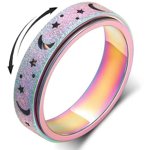 Anxiety Ring for Women Spinner Rings:Rotating Rings Stainless Steel 6mm Moon Star Anxiety for Men Band Jewelry Gift for Women Size 6 7 8 9 10 - color: B-Rainbow