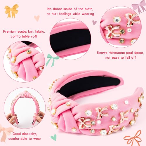 PANTIDE Coquette Pink Bow Jeweled Knotted Headband - Rhinestone Crystal Pearl Embellished Preppy Trendy Headband Wide Top Knot Non Slip Fashion Hairband Accessories Birthday Gift for Women Girl (Pink) - color: Pink Bow