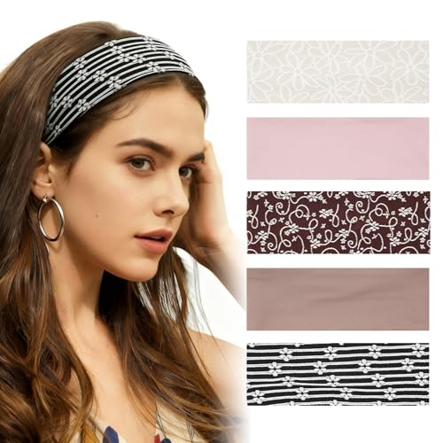Aranya Boho Floral Embroidered Headbands for Women 5pcs – Artisanal Soft Stretchy Fabric Hair Accessories for Festival & Ethnic Styling - color: Boho Embroidered - 5 Pack