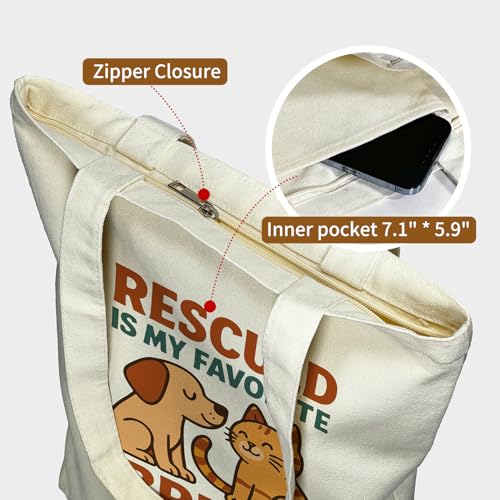 itgowisa Canvas Tote Bag for Women, Tote Bag with Zipper Inner Pocket, Zippered Canvas Bag for Shopping Work Grocery Everyday - style: Adoptdontshop