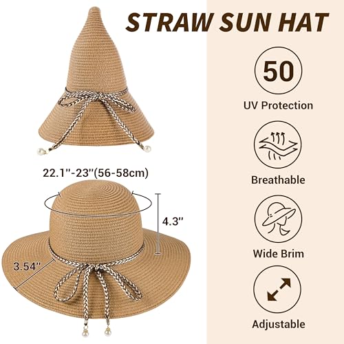 Sun Hats for Women, Straw Hats UPF 50+ Sun Protection, Wide Brim Womens Beach Hat for Summer Travel - color: Khaki-vn
