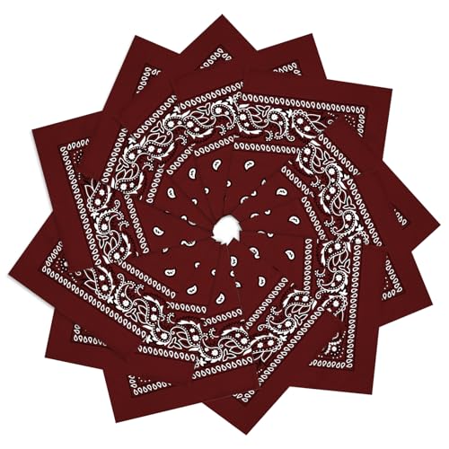 12 Pack Bandanas Unisex Paisley Cowboy Bandanas Bulk Multi Purpose Headband Scarf for Men Women Costume - color: Burgundy, style: Classic