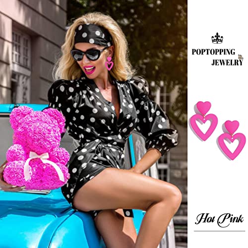 Double Heart Earrings Dangling Heart Drop Earrings For Women Love Heart Dangle Earrings Birthday Gift - color: Hot Pink