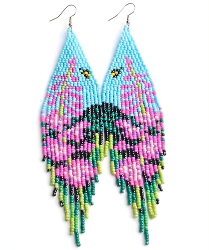 Long Beaded Earrings for Women, Statement Tassel Dangling Earrings, Native American Jewelry Boho Country Colorful Flower Moon Bead Gifts - style: Aqua Flora Fringe