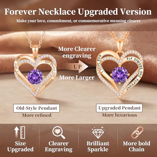 CDE Engraved Forever Love Heart Birthstone Necklace Jewelry Gifts for Women | Hypoallergenic,Nickel-Free & Lead-Free,3 x 3 mm 5A CZ Heart Pendant,Anniversary Christmas Birthday Gift for Girlfriend Wife - color: Birthstone-02-Feb, style: Rose Gold Plated-B