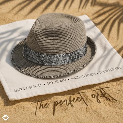 Funky Junque Straw Fedora Hats for Women - UPF 50+ Sun Hat, Short Brim Packable Beach Hat with Woven Pattern - color: Light Grey