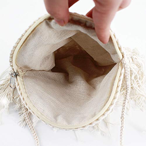 Goclothod Women Crochet Fringed Shoulder Bag Cotton Tassel Crossbody Bag Hippie Beach Purse - color: Off-white