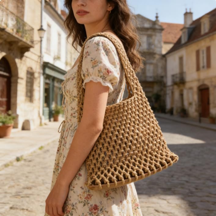 Handmade Cotton Rope Tote Bag – Hollow Weave Beach Bucket Bag with Wrist Strap, Ideal for Vacation and Resort Use