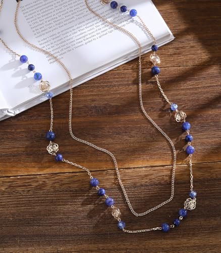 FULU AUTUMN Boho Gold Long Necklaces for Women Natural Stone Beaded Layered Long Necklace Mothers Day Gifts Dainty Flower Costume Jewelry for Women - color: Sapphire
