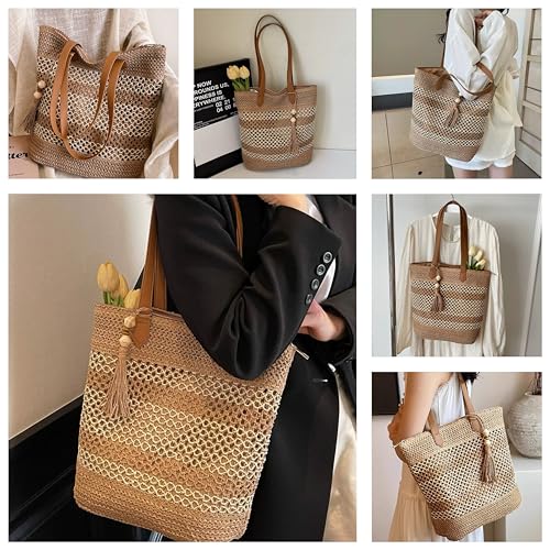 Aphoraeny Straw Beach Bag Buckets Totes Handbag Shoulder Tote Bag Straw Purse Summer Purse Women Summer Handbag - color: B-brown Stripes