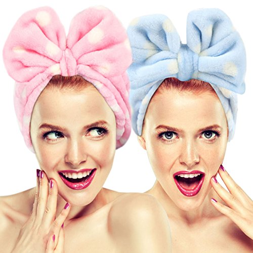Hairizone Cute Makeup Headbands for Face Wash Shower Spa Elastic Head Band with Soft Big Bow Hair Band for Women Wrap 2 Pack (Pink/Blue) - color: Pink+Light Blue