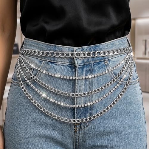 Multilayer Chain Belt, Rhinestone Cuban Belts Metal Chain Belts for Women Sparkly Waist Chain Body Jewelry for Women(silver)