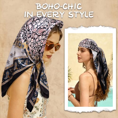 Large Square Head Scarf Bandana - 35" Satin Hair Scarf for Women Like Silk Scarf Fashion Hair Wrapping - color: Paisley Garden(black), size: 35IN*35IN