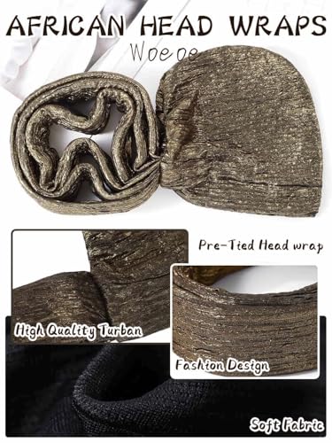 Woeoe African Head Wraps for Black Women Gold Pre Tied Headdress Wedding Turban Hats - color: Gold