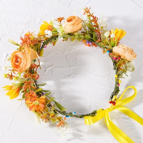 Orange Flower Crown Headband, Artificial Boho Daisy Floral Headpiece, Adjustable Fairy Woodland Flower Crown for Women Girls Renaissance Birthday Bride Wedding Party Hair Accessories - color: Daisy Orange