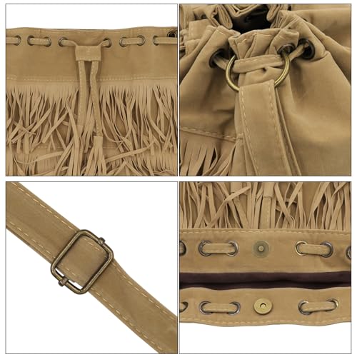 Fringe Hobo Purse Bags for Women Crossbody Purses with Drawstring Ladies Tassel Tote Shoulder Bucket Handbags,Khaki - color: Khaki (Barrel Shape)