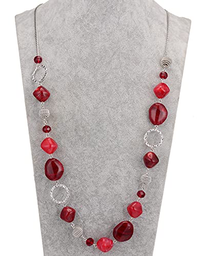BULINLIN Beaded Long Necklace for Women Silver Sweater Chain Necklace with Crystal Resin Beads, Fashion Jewelry Necklace - color: 53-Dark light red