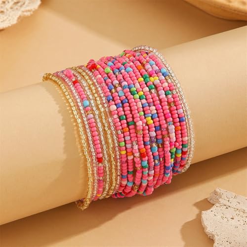 Fuqimanman2020 18Pcs Boho Stackable Beaded Bracelets for Women Colorful Handmade Multilayered Rice Beads Anklets Set Summer Beach Bohemian Jewelry Gift - color: Style 1 Pink A