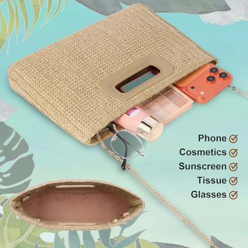 Beach Clutch Bag Straw Summer Clutch Purses for Women Handmade Woven Purse Detachable Gold Chain, Crossbody - color: Khaki