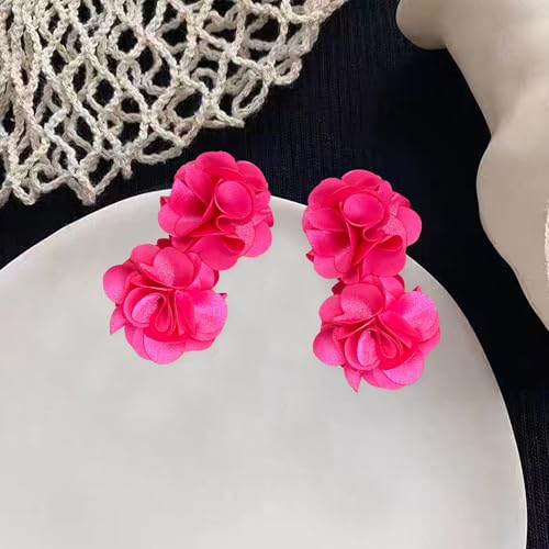 Oversized Fabric Flower Earrings for Women Statement Boho Chic Dangle Drop Earrings for Parties Weddings or Everyday Wear - color: Hot Pink