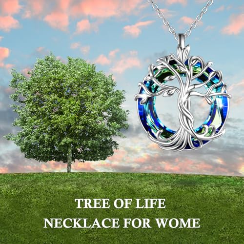TOUPOP Tree of Life Necklace Gifts for Women 925 Sterling Silver Family Tree Pendant with Crystal Birthday Irish Jewelry Gifts for Women Her Wife Mom - color: 01-Blue Crystal-Silver