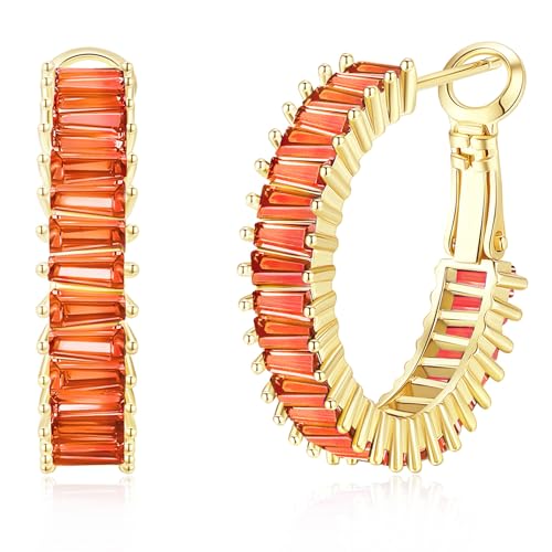 Trendy 14K Gold Plated Hoop Earrings for Women, Chunky Gold/Silver Earrings for Women Cubic Zirconia Baguette Hoop Earrings Heart Hoops Lightweight Hypoallergenic Jewelry,25mm/35mm/40mm/50mm - color: 01 Gold Orange Hoops 25mm