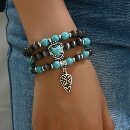 Western Turquoise Beaded Bracelet Stack - Vintage Cowgirl Stretch Set with Bull Skull, Feather & Boot Charms, Handmade Boho Jewelry for Rodeo, Country Concerts & Casual Western Outfits - style: 3
