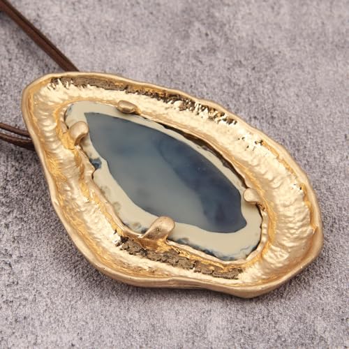 GelConnie Leather Necklace for Women Large Pendant Long Brown Necklace Circle Leather Choker Vintage Sweater Necklace Gold Chunky Boho Necklaces for Women - style: Blue Big Pendant Necklaces